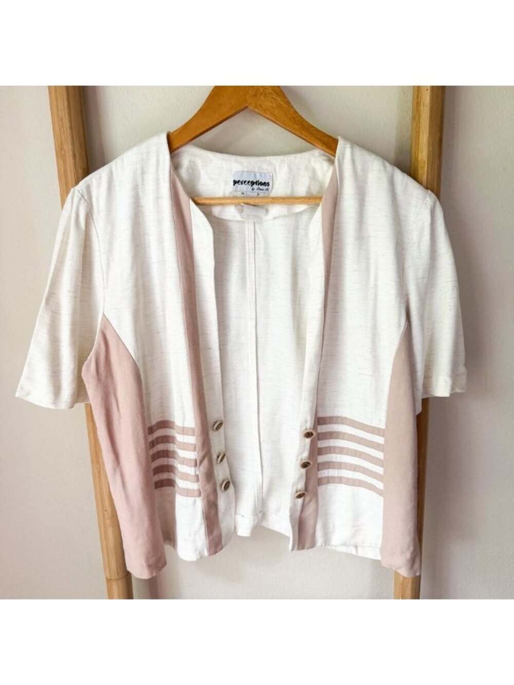 Vintage Perceptions by Irene B. White Cream Pink Open Front Cardigan Size 14